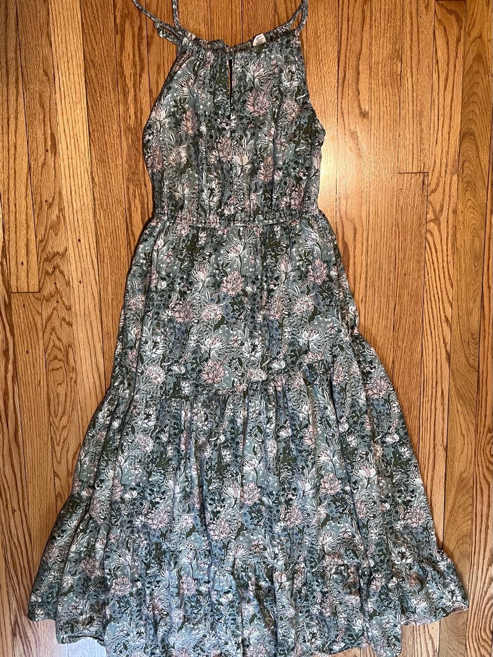 Josie Sage Green Floral Halter Dress SZ M Boho Romantic 55% Linen Blend